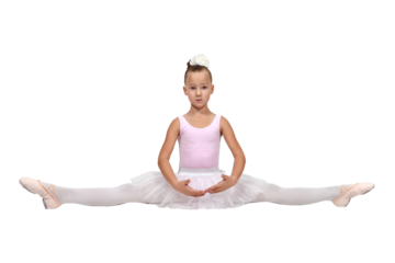 Girl in ballet pose wearing a pink leotard, white tutu, and tights, sitting gracefully