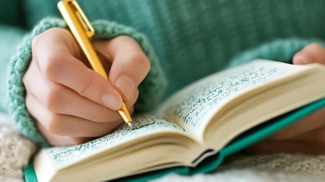 Writing notes in a cozy setting with a golden pen