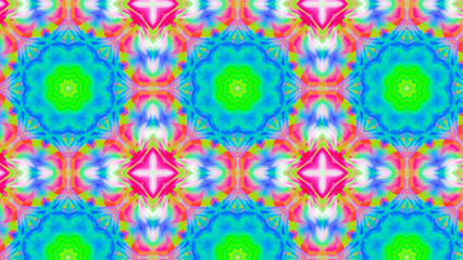Seamless psychedelic kaleidoscope pattern with neon green, pink and orange mandala symmetry