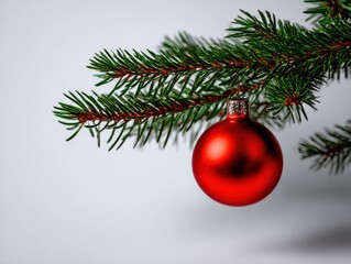 Red Christmas bauble hanging on green fir branch against white background, minimalist festive composition symbolizing winter holiday and traditional seasonal decoration.