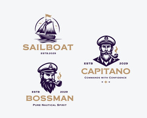 Marine sailor captain with pipe nautical logo template