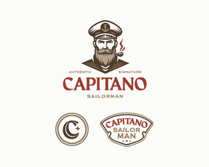 Marine sailor captain with pipe nautical logo template