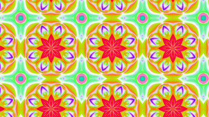 Seamless psychedelic kaleidoscope pattern with neon green, pink and orange mandala symmetry