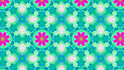 Seamless psychedelic kaleidoscope pattern with neon green, pink and orange mandala symmetry