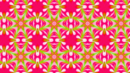 Seamless psychedelic kaleidoscope pattern with neon green, pink and orange mandala symmetry