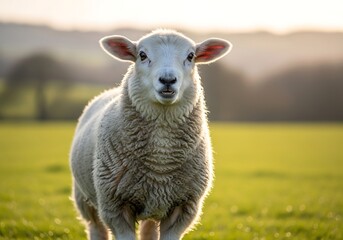 Naklejka premium A fluffy white lamb stands in a sunlit green field, looking directly at the viewer with a gentle expression.