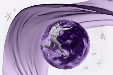 Banner 3d poster art collage of happy girl guy stand space galaxy moon planet cosmos discovery outer-space painting astronomy