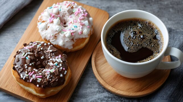 Freshly brewed coffee served with colorful donuts on a wooden tray, ideal for breakfast or café promotion