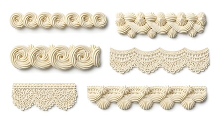 Set of various decorative cream frosting and royal icing borders for cake design isolated on white.
