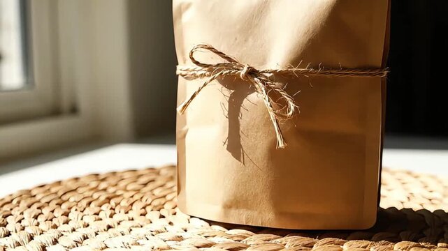 Rustic brown paper stand-up pouch tied with natural twine on a woven mat basking in warm sunlight Perfect for organic product packaging coffee tea or eco-friend