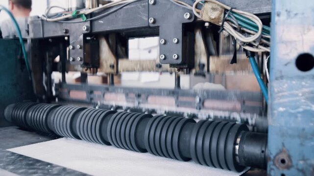 Polypropylene bags production. The guillotine machine cuts pieces of material for bags.