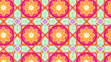 Seamless psychedelic kaleidoscope pattern with neon green, pink and orange mandala symmetry