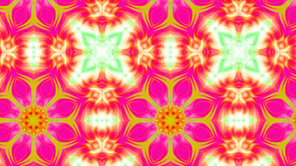 Seamless psychedelic kaleidoscope pattern with neon green, pink and orange mandala symmetry