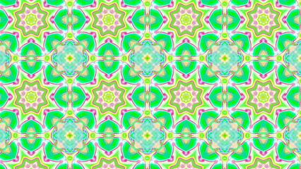 Seamless psychedelic kaleidoscope pattern with neon green, pink and orange mandala symmetry