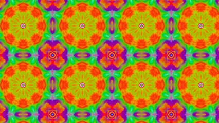 Seamless psychedelic kaleidoscope pattern with neon green, pink and orange mandala symmetry