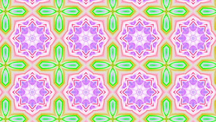 Seamless psychedelic kaleidoscope pattern with neon green, pink and orange mandala symmetry