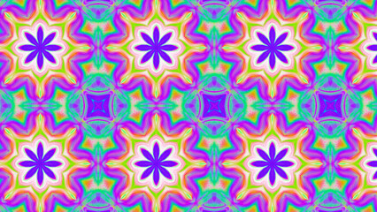Seamless psychedelic kaleidoscope pattern with neon green, pink and orange mandala symmetry
