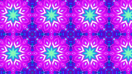 Seamless psychedelic kaleidoscope pattern with neon green, pink and orange mandala symmetry