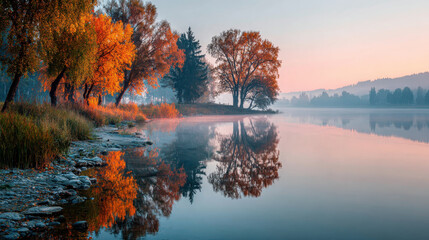 Serene autumn landscape with vibrant orange and red trees reflecting in calm lake at sunrise, creating peaceful and picturesque scene. misty atmosphere adds to tranquility