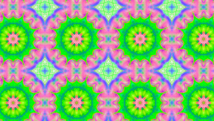 Seamless psychedelic kaleidoscope pattern with neon green, pink and orange mandala symmetry