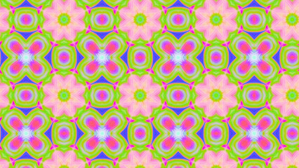 Seamless psychedelic kaleidoscope pattern with neon green, pink and orange mandala symmetry