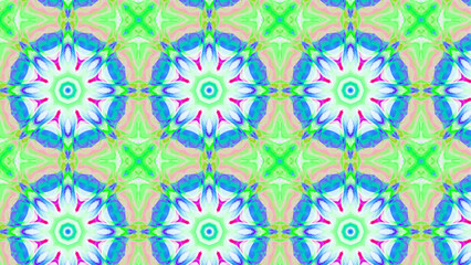 Seamless psychedelic kaleidoscope pattern with neon green, pink and orange mandala symmetry