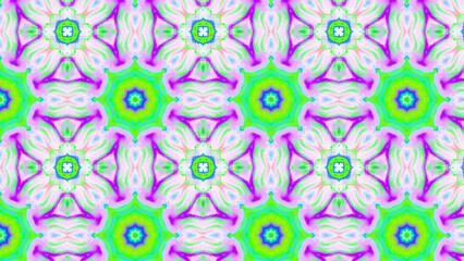Seamless psychedelic kaleidoscope pattern with neon green, pink and orange mandala symmetry
