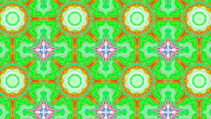 Seamless psychedelic kaleidoscope pattern with neon green, pink and orange mandala symmetry