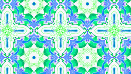Seamless psychedelic kaleidoscope pattern with neon green, pink and orange mandala symmetry