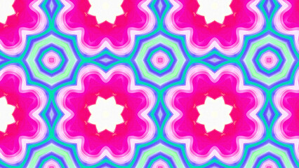 Seamless psychedelic kaleidoscope pattern with neon green, pink and orange mandala symmetry