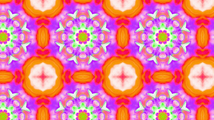 Seamless psychedelic kaleidoscope pattern with neon green, pink and orange mandala symmetry