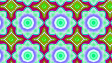 Seamless psychedelic kaleidoscope pattern with neon green, pink and orange mandala symmetry