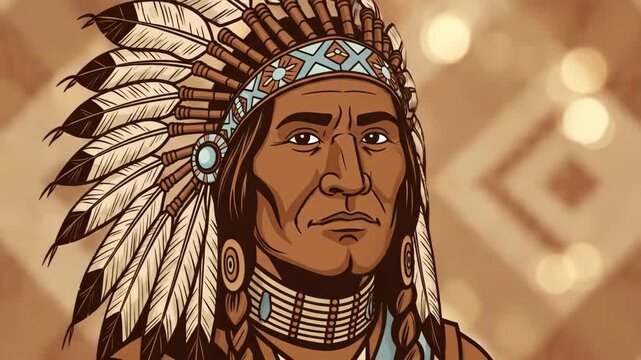 illustration of indigenous man in profile with traditional feathered headdress. background with tribal patterns and ample copyspace. native american heritage month. website header