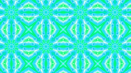 Seamless psychedelic kaleidoscope pattern with neon green, pink and orange mandala symmetry