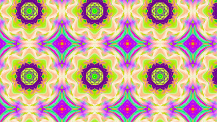 Seamless psychedelic kaleidoscope pattern with neon green, pink and orange mandala symmetry