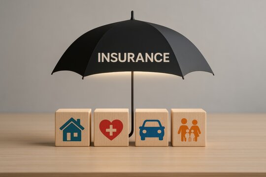 Umbrella Protection Concept with Symbolic Blocks Representing Insurance Services for Home, Health, and Auto