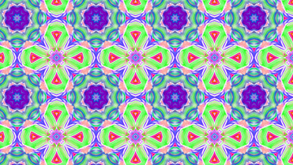 Seamless psychedelic kaleidoscope pattern with neon green, pink and orange mandala symmetry