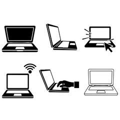 Laptop Computer Black Vector Icon Set - Diverse View Angles and WiFi Symbol Graphics, technology, mobile computing, remote work, business, and internet access.
