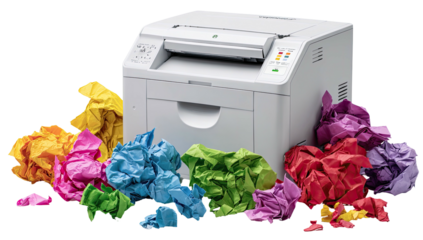 Modern printing device surrounded by crumpled paper in vibrant colors, illustrating document output