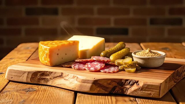 Gourmet Charcuterie Board Delicious Artisan Cheese Cured Salami Pickles and Whole Grain Mustard served on a Rustic Wooden Platter with a warm inviting brick wal