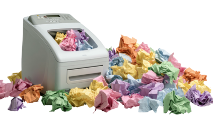 A printer, overflowing with crumpled, colorful paper, representing inefficiency or overload