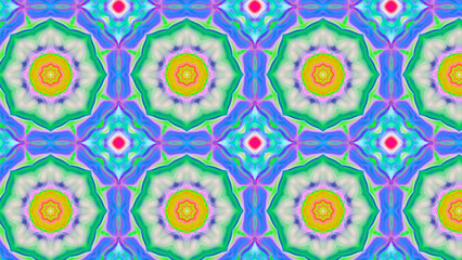 Seamless psychedelic kaleidoscope pattern with neon green, pink and orange mandala symmetry