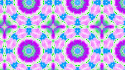 Seamless psychedelic kaleidoscope pattern with neon green, pink and orange mandala symmetry