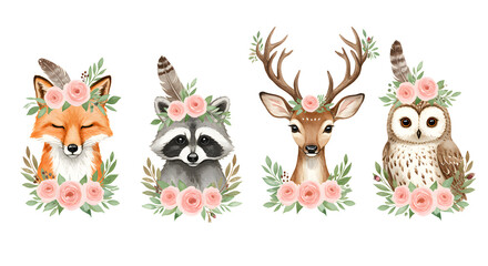Fototapeta premium Watercolor Woodland Animals Illustration With Floral Crowns On Transparent Background