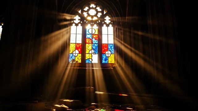 Light rays shining through gothic stained glass window onto floor in abandoned church building, religious footage