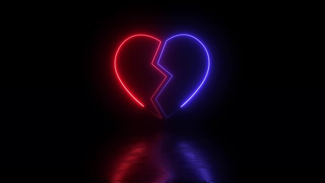 Neon broken blue and red heart icon animation in 4k on black background. Broken heart animation. Concept of unrequited love broken heart neon sign animation.