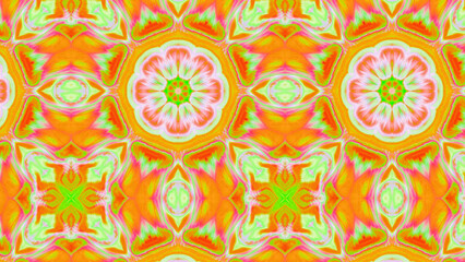 Seamless psychedelic kaleidoscope pattern with neon green, pink and orange mandala symmetry