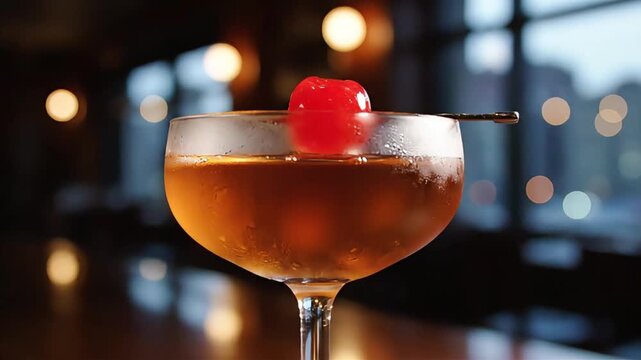 Elegant amber cocktail with a glistening maraschino cherry and condensation on a coupe glass perfect for a sophisticated evening at a dimly lit bar