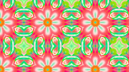 Seamless psychedelic kaleidoscope pattern with neon green, pink and orange mandala symmetry