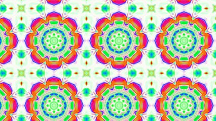 Seamless psychedelic kaleidoscope pattern with neon green, pink and orange mandala symmetry